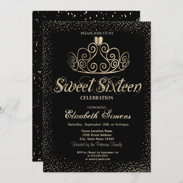 Elegant Gold Tiara Confetti  Sweet 16 Invitation (Front/Back)