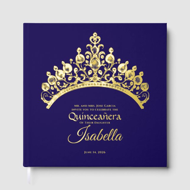 Elegant Gold Tiara Crown Quinceañera Birthday Guest Book (Front)