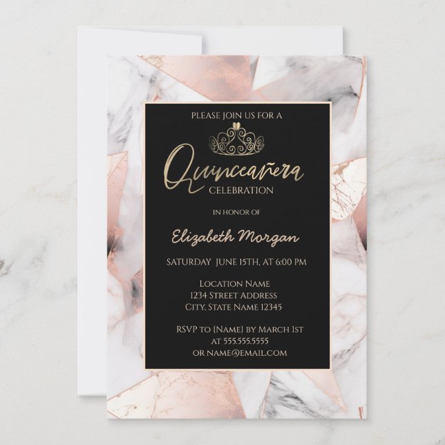 Elegant Gold Tiara,Rose Gold Geometric Marble  Invitation (Front)