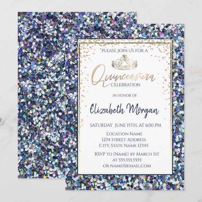 Elegant Gold Tiara,Sequins Diamonds Quinceanera Invitation (Front/Back)