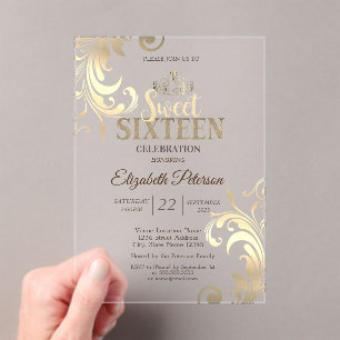 Elegant Gold Tiara Sweet Diamonds 16 Party Acrylic Invitations