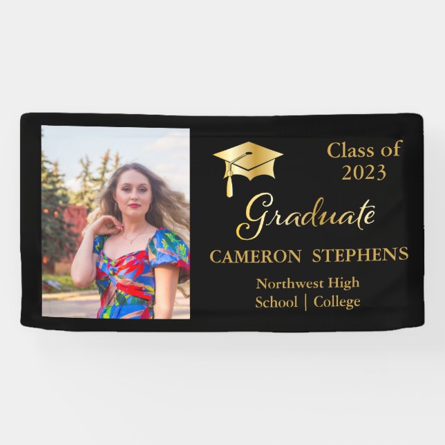 Elegant Gold Tone on Black Graduate Photo Banner (Horizontal)
