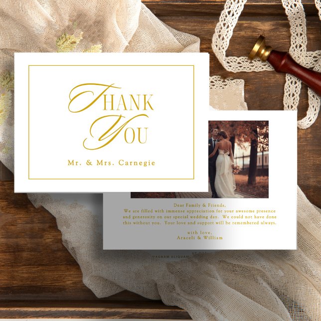 Elegant Gold-Tone Script Wedding Photo Thank You Card (Creator Uploaded)