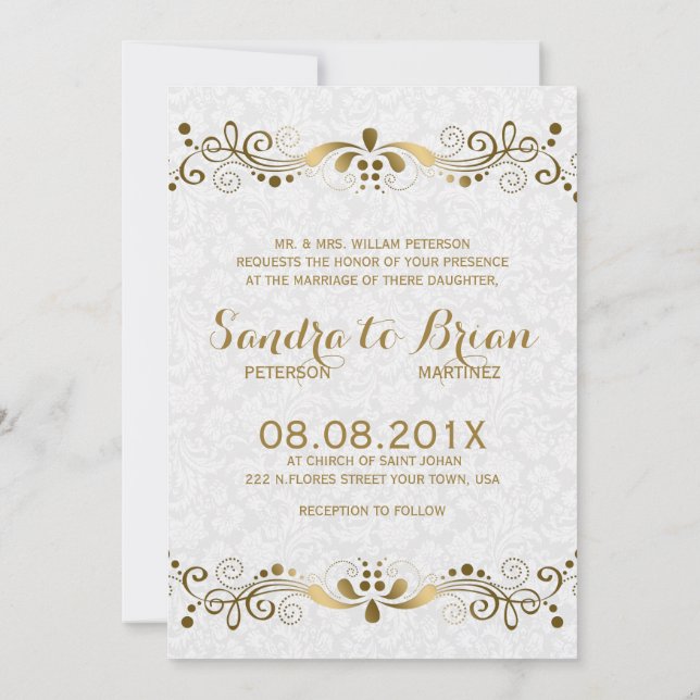 Elegant Gold Tones Floral Lace With White Damasks Invitation (Back)