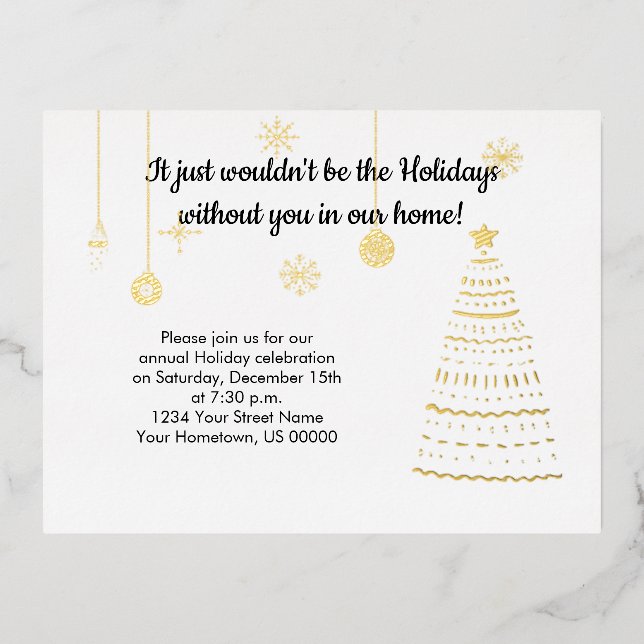 Elegant Gold Tree and Ornaments Christmas Party Foil Holiday Postcard (Front)