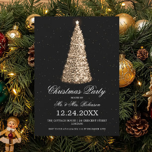 Elegant Gold Tree Christmas Party Black Invitation