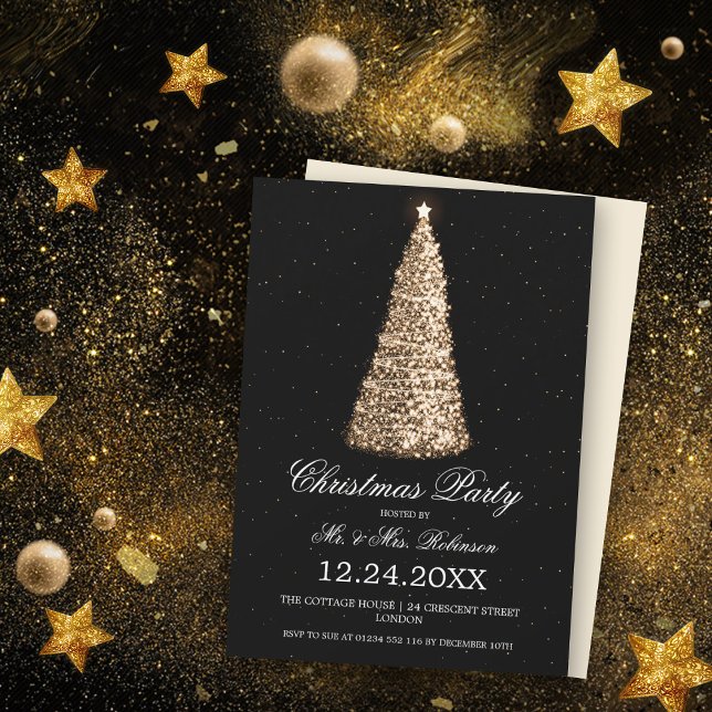 Elegant Gold Tree Christmas Party Black Invitation (Creator Uploaded)