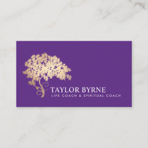 Elegant Gold Tree Logo Purple  Business Card