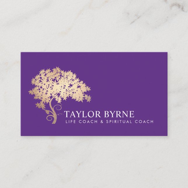 Elegant Gold Tree Logo Purple  Business Card (Front)