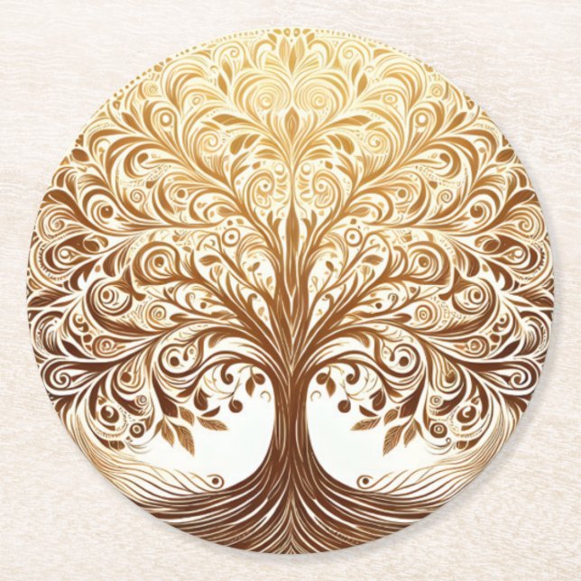 Elegant Gold Tree of Life Celebration Namaste Round Paper Coaster (Front)