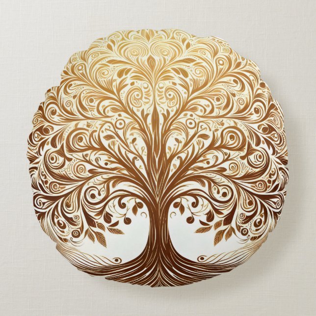 Elegant Gold Tree of Life Spiritual Zen Round Cushion (Front)