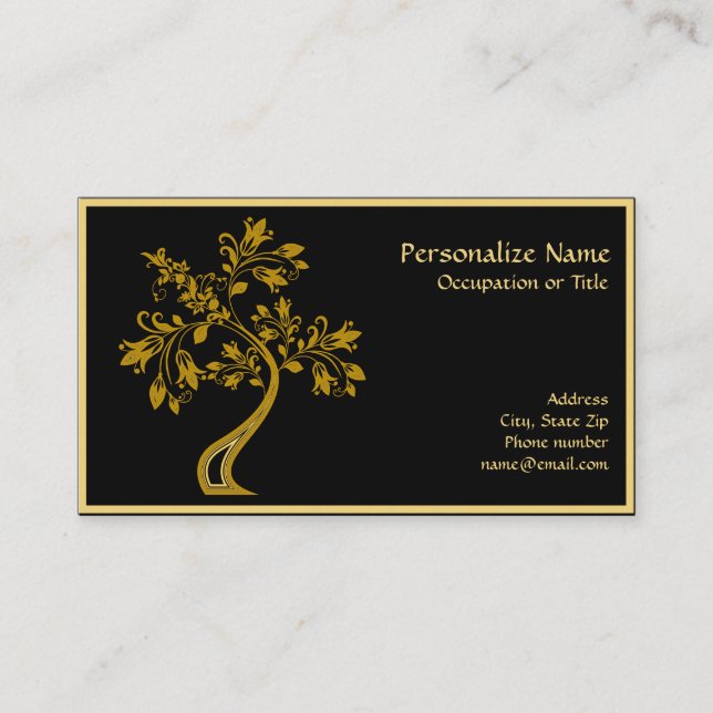 Elegant Gold Tree of Life Zen Yoga on Black Business Card (Front)