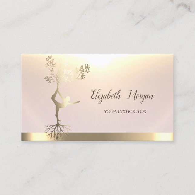 Elegant Gold Tree Women Silhouette Yoga Business Card (Front)