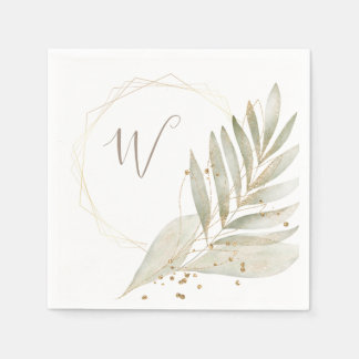 Elegant Gold Trim and Greenery & Custom Monogram Napkin