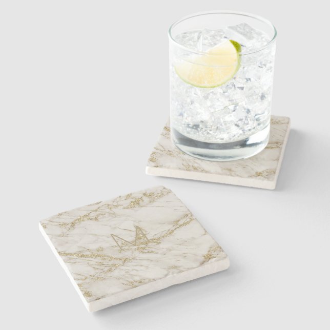 Elegant Gold Trim Marble Monogram Stone Coaster (Side)