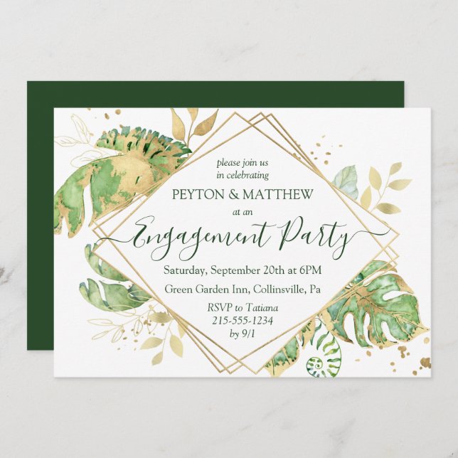  Elegant Gold Tropical Foliage Engagement Party In Invitation (Front/Back)