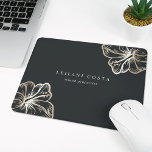 Elegant Gold Tropical Hibiscus Flower Mouse Mat<br><div class="desc">Island chic personalized mousepad for your business or home office features two lines of custom text in classic white lettering,  on a soft black background adorned with two tropical hibiscus flower illustrations in faux gold foil for a beach glam look.</div>