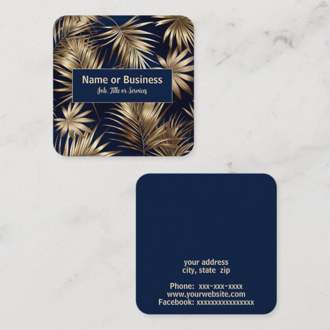 Elegant gold tropical leaves square business card (Front/Back)