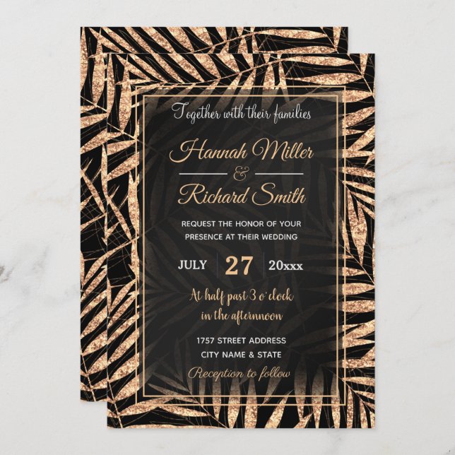 Elegant Gold Tropical Palm Leaves Black Design Invitation (Front/Back)