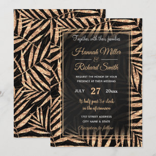Elegant Gold Tropical Palm Leaves Black Design Invitation