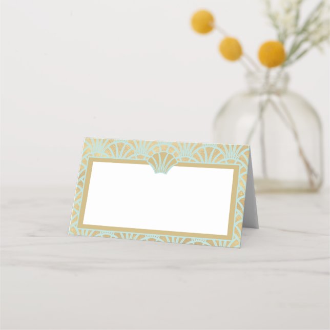 Elegant Gold Turquoise Art Deco Wedding Event Place Card (Front)