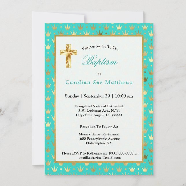 Elegant Gold Turquoise Crown Baptism Invitation (Front)