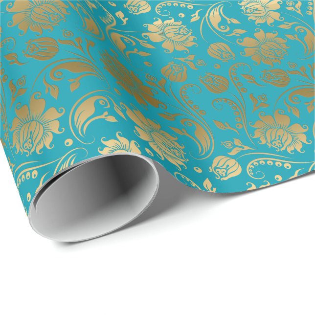 Elegant Gold & Turquoise Floral Pattern Wrapping Paper (Roll Corner)