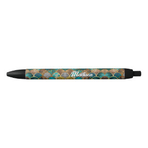 Elegant gold turquoise green girly mermaid scales black ink pen