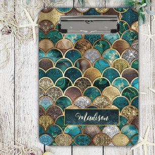 Elegant gold turquoise green girly mermaid scales clipboard