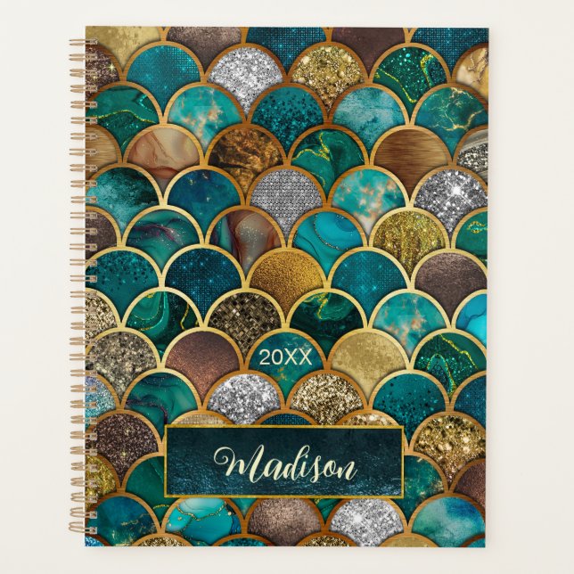 Elegant gold turquoise green girly mermaid scales  planner (Front)