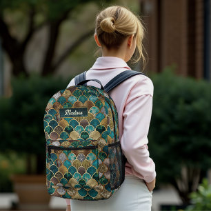 Elegant gold turquoise green girly mermaid scales printed backpack