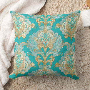 Elegant Gold, Turquoise, Teal, Cream, Throw Pillow