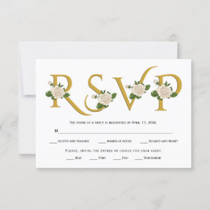 Elegant gold typography and white roses RSVP card