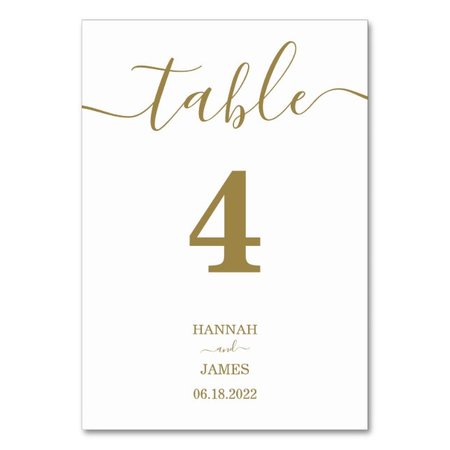 Elegant Gold Typography Calligraphy Wedding Table Number (Front)