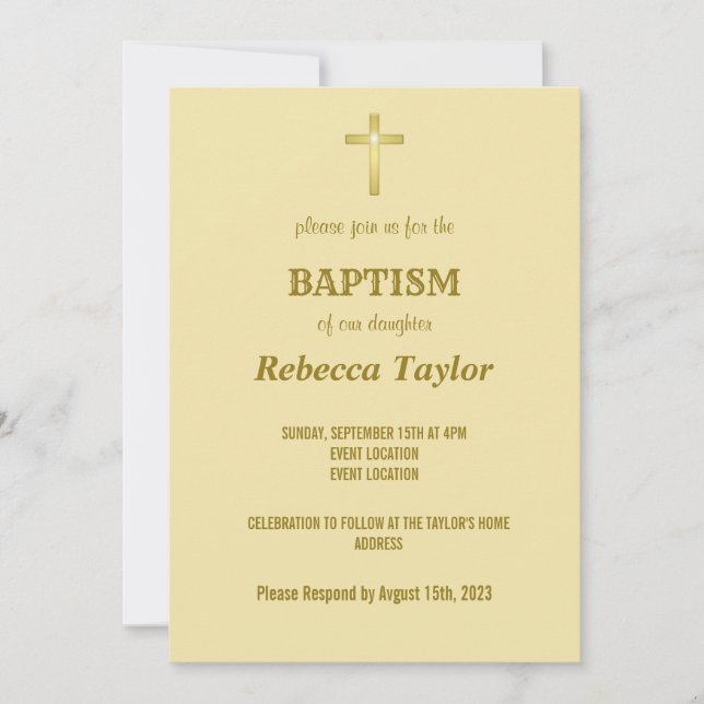 Elegant Gold Typography Cross Baptism on Beige Invitation (Front)