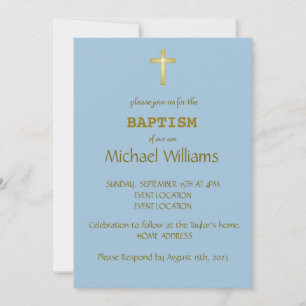 Elegant Gold Typography Cross Baptism on Cyan Blue Invitation