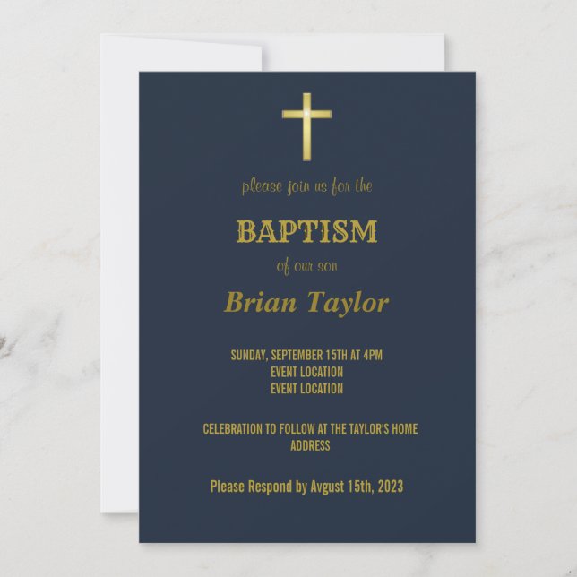 Elegant Gold Typography Cross Baptism on Navy Blue Invitation (Front)