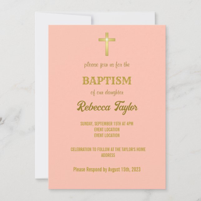 Elegant Gold Typography Cross Baptism on Pink Invitation (Front)