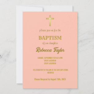 Elegant Gold Typography Cross Baptism on Pink Invitation