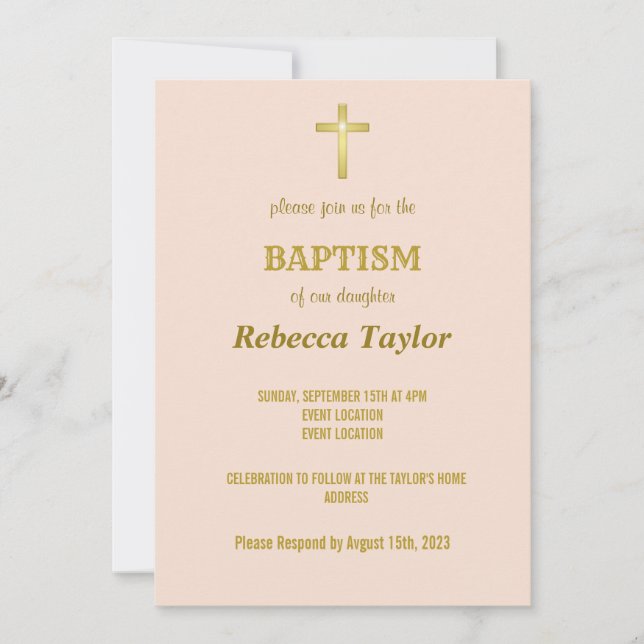Elegant Gold Typography Cross Baptism on Vanilla  Invitation (Front)