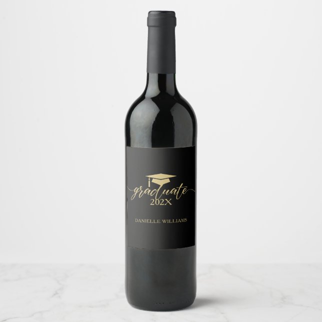 Elegant Gold Typography On Black Background Wine Label (Front)