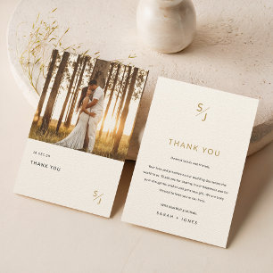 Elegant Gold Typography Photo Wedding Ecru Thank You Card