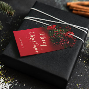 Elegant Gold Typography Red Christmas Family Gift Tags