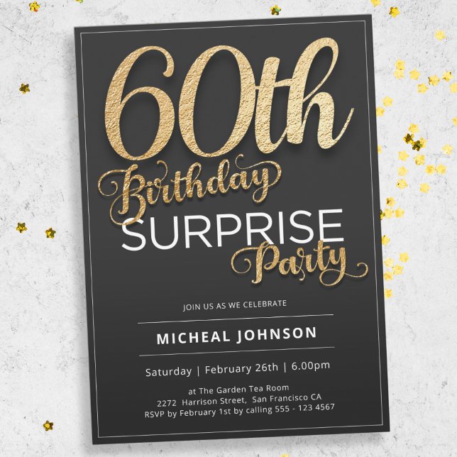 Elegant Gold Typography Surprise 60th Birthday  Invitation (Mockup View)