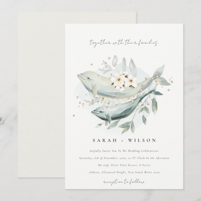 Elegant Gold Underwater Floral Fish Wedding Invite (Front/Back)