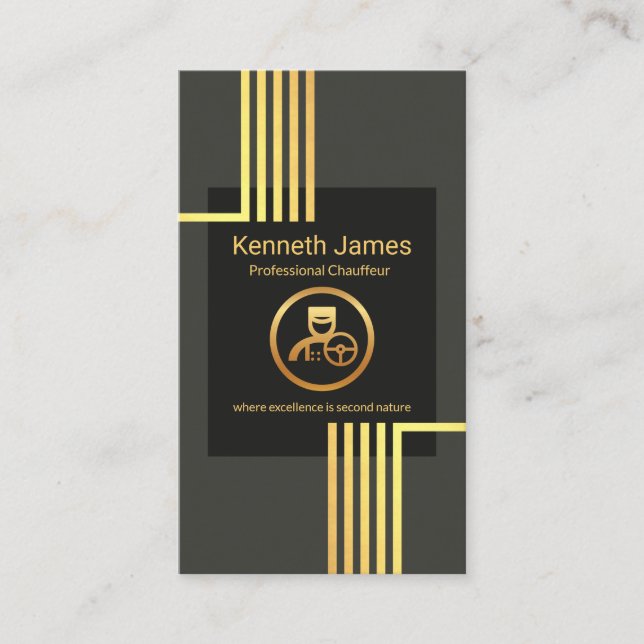 Elegant Gold Vertical Lines Chauffeur Driver Business Card (Front)