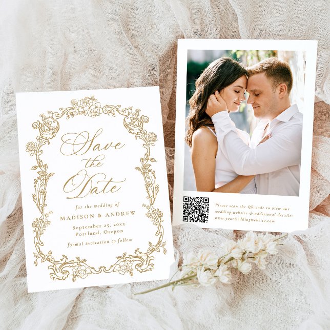 Elegant Gold Victorian Floral QR Code Wedding Save The Date (Creator Uploaded)