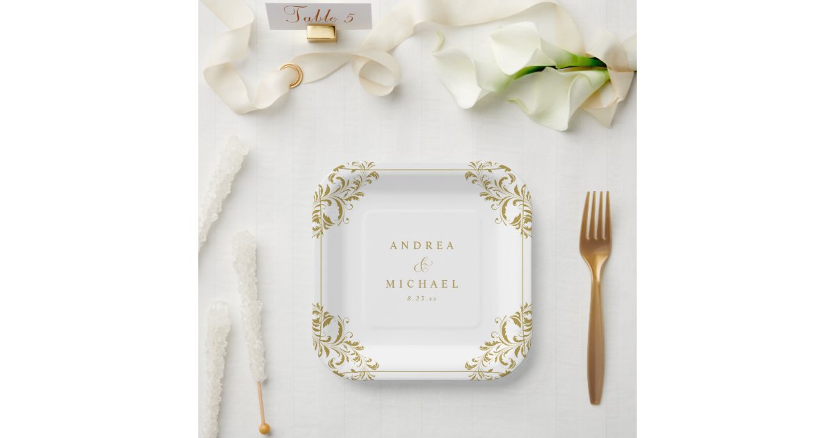 Elegant Gold Vintage Classic Wedding Dessert Paper Plate Zazzle
