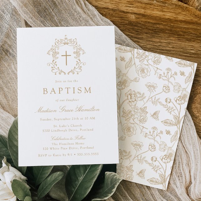 Elegant Gold Vintage Floral Cross Baptism Invitation (Creator Uploaded)