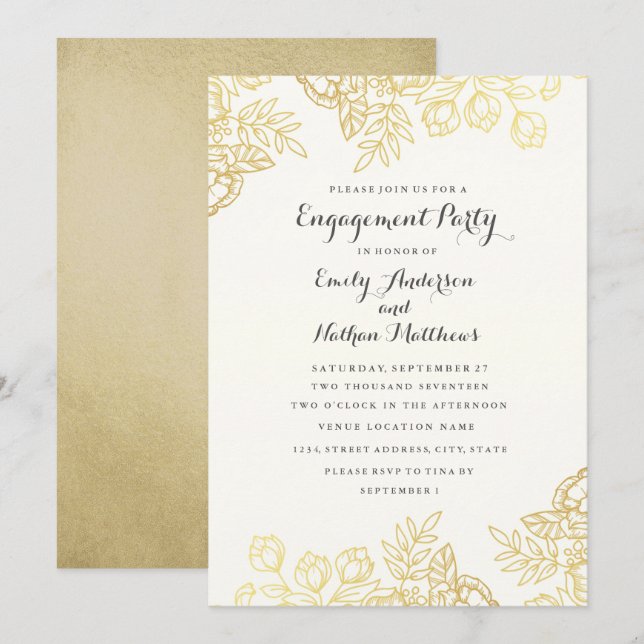 Elegant Gold Vintage Floral Engagement Party Invitation (Front/Back)